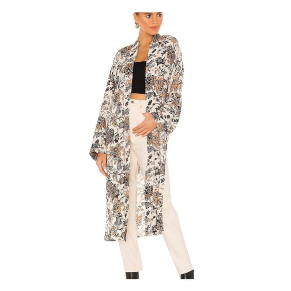 FREE PEOPLE Play It Cool Long Open Floral Kimono Ivory Crepe Sz M Boho Festival - Picture 10 of 11